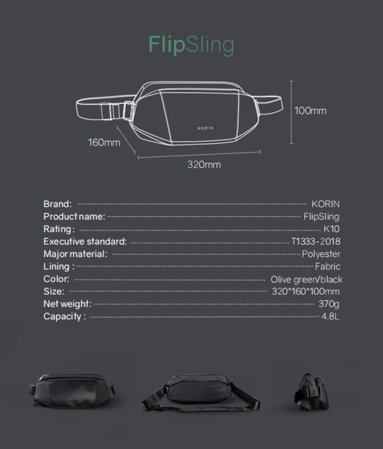 Наплечная сумка KORIN FlipSling 32х16х10 см, темно-зеленая/черная