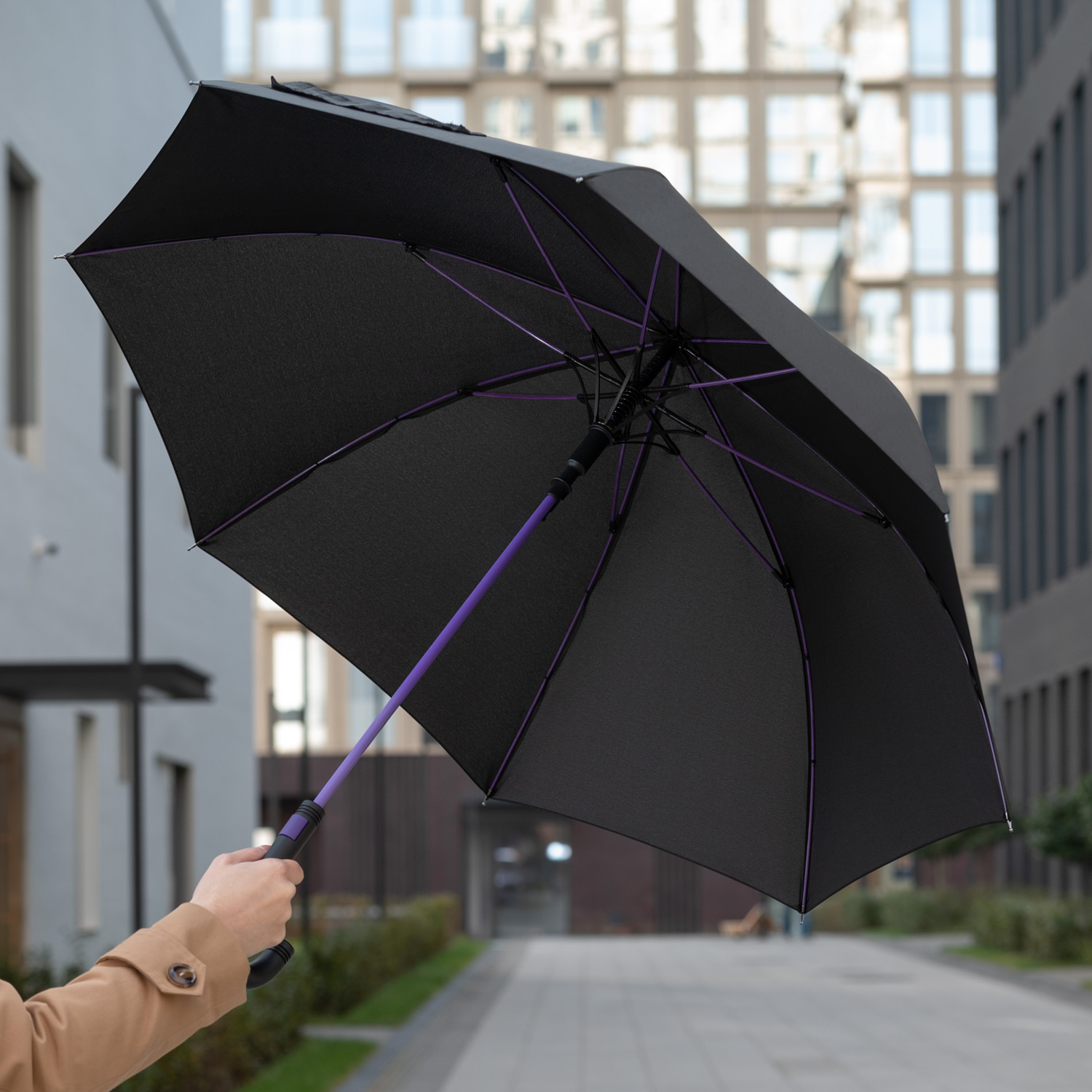 Зонт-трость Квантум (Quantum), черный/фиолетовый